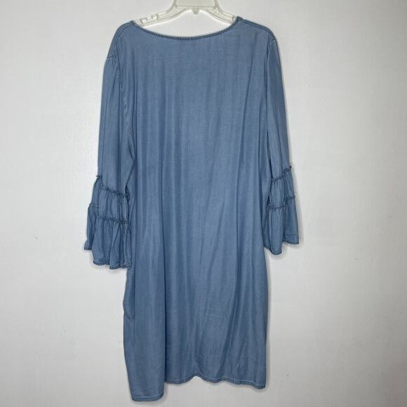 Ruby Rd XL Light Blue Tencel Chambray Tunic Dress Bell Sleeve Boho Casual Beachy - Picture 4 of 7